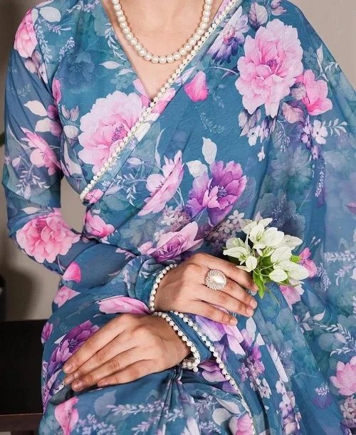 Soft Floral Georgette (Azure Blossom)